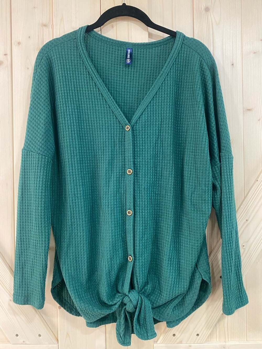 Iwollence Waffle Knit V-Neck Button Up Tie Front Top Size S Green